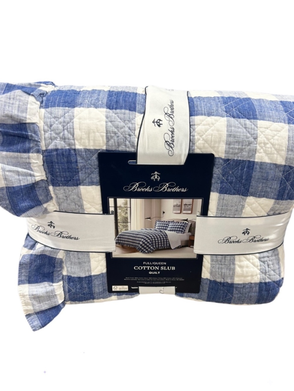 Brooks Brothers Checkered Blue and White Cotton Slub Queen Quilt w/Ruffle Trim